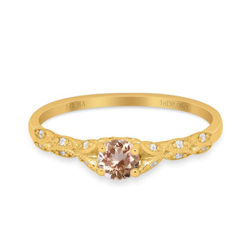 14K Yellow Gold 0.33ct Round Petite Dainty Art Deco 4mm G SI Natural Morganite Diamond Engagement Wedding Ring Size 6.5